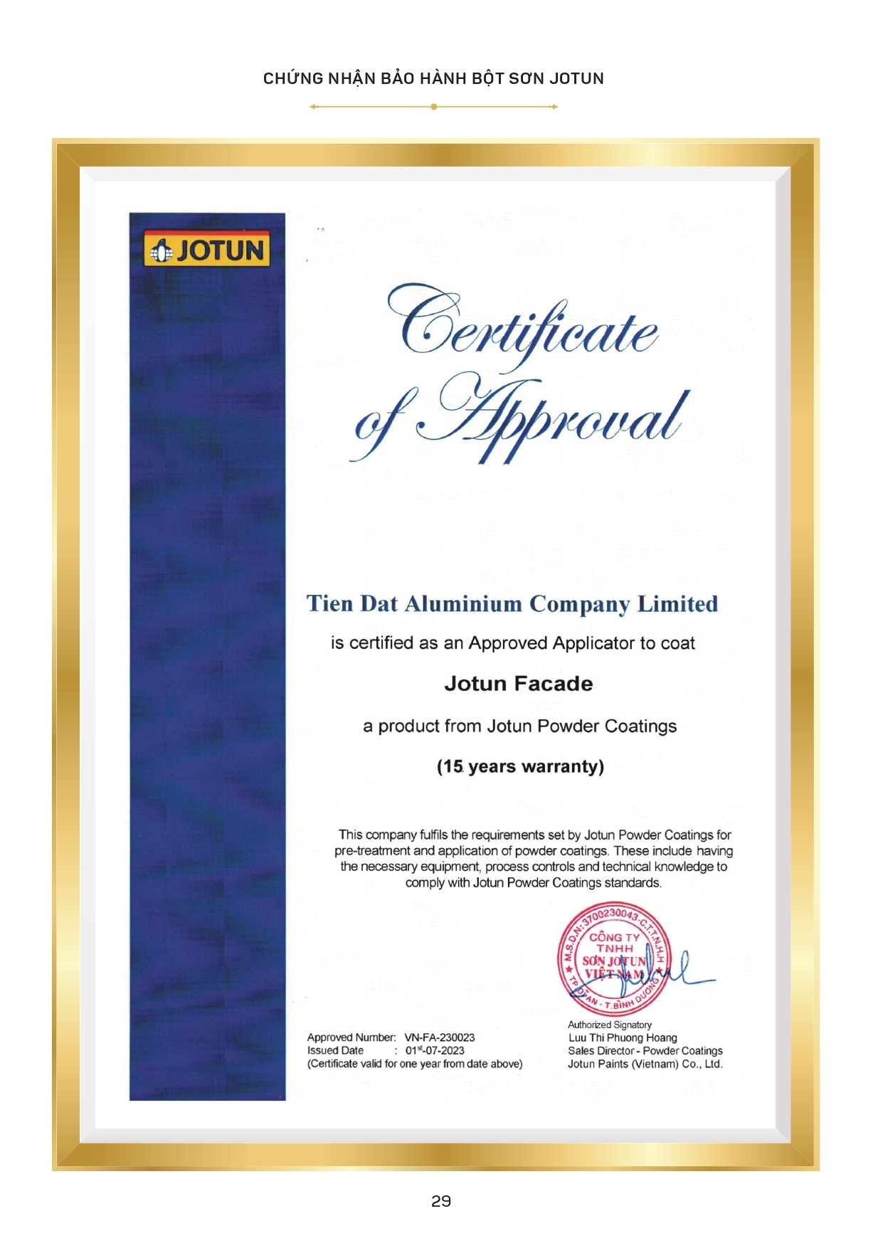 Hình ảnh hiển thị chứng nhận Bột Sơn Jotun mà Nhôm Tiến Đạt đã nhận, đảm bảo chất lượng và an toàn sản phẩm