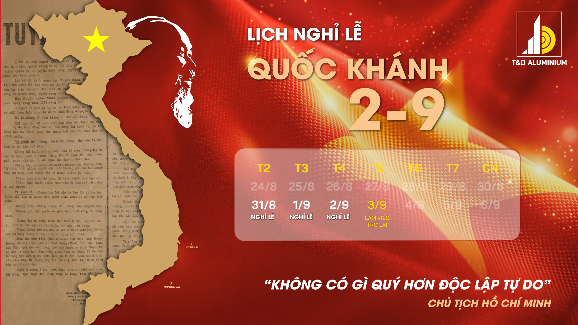 Nhôm Tiến Đạt thông báo lịch nghỉ lễ QUỐC KHÁNH 2/9